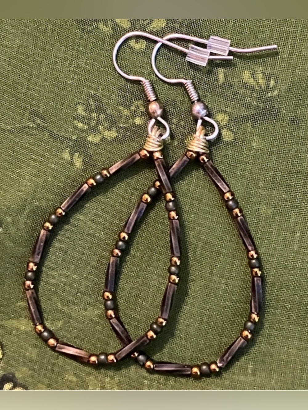 Handmade Miyuki Glass Beaded Bronze Teardrop Hoop Earrings Boho Surgical Steel